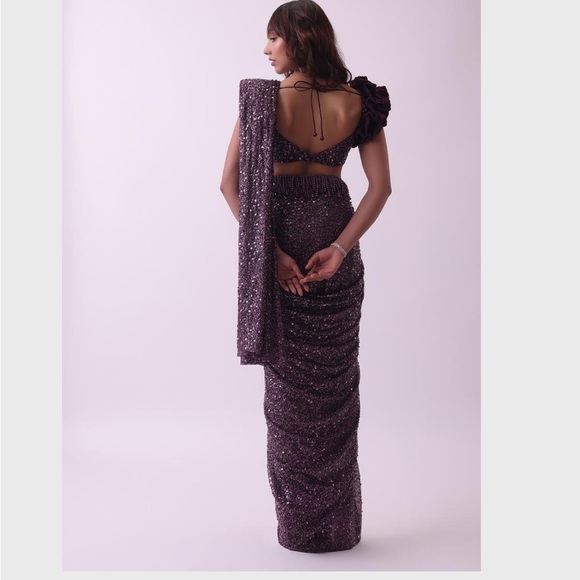 Purple Pre Stitched Embroidered Saree and Blouse Set - Picture 3 of 11